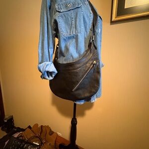Black Leather Crescent Crossbody Bag-Made in Spain.